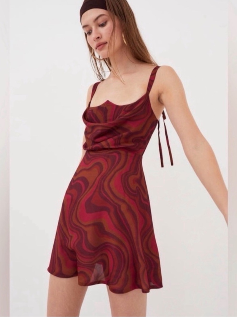For Love & Lemons Burgundy Swirl Cowl Neck Mini Dress
